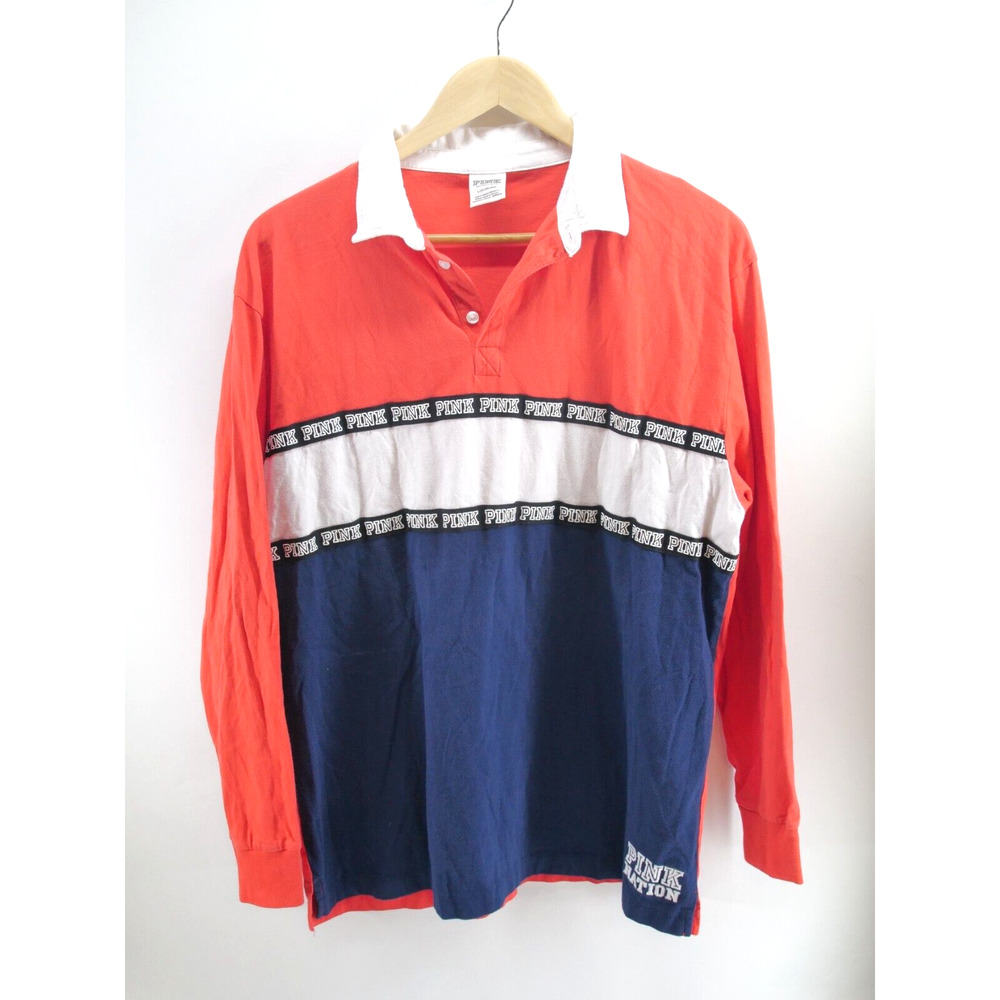 Victoria's Secret PINK Nation Rugby Polo Long Sleeve Shirt Red White Blue Large‎